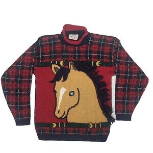 Vtg Heartworks Horse Sweater 3D Horse Yarn Horse Mane Plaid Medium 10-12 USA